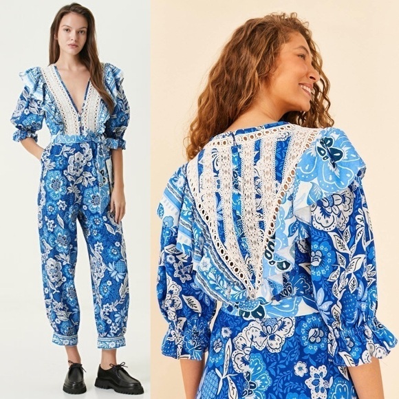 FARM RIO Linen Floral Paisley Puff Sleeve Ruffle Lace V-Neck Tie Belt Jumpsuit S - Picture 3 of 16